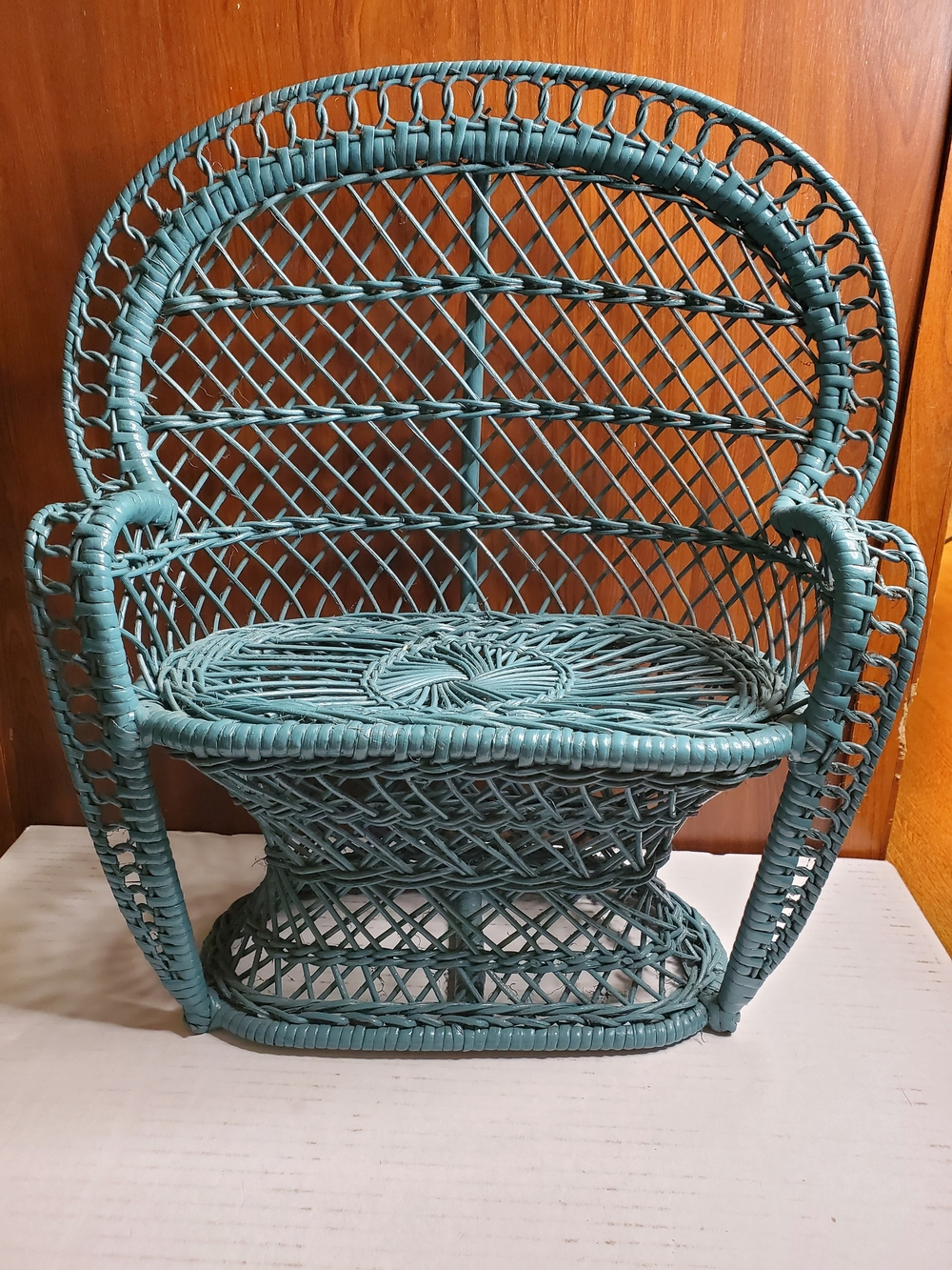 Vintage Miniature Wicker Peacock Chair – Teal Blue Boho